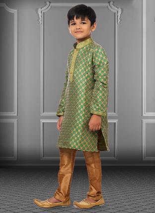 Green Jacquard Silk Festival Wear Weaving Kids Kurta Pajama
