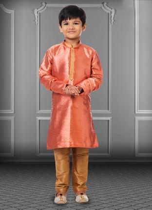 Orange Jacquard Silk Festival Wear Weaving Kids Kurta Pajama