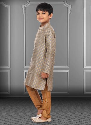 Grey Jacquard Silk Festival Wear Weaving Kids Kurta Pajama