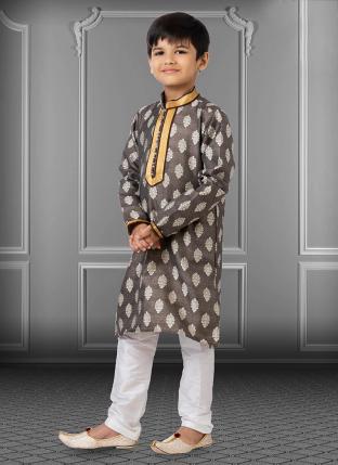Grey Jacquard Silk Festival Wear Weaving Kids Kurta Pajama