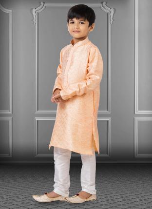 Peach Linen Silk Festival Wear Weaving Kids Kurta Pajama