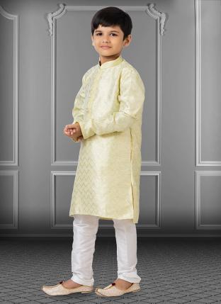 Cream Linen Silk Festival Wear Weaving Kids Kurta Pajama