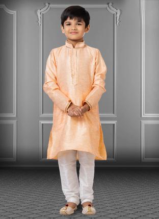 Peach Linen Silk Festival Wear Weaving Kids Kurta Pajama