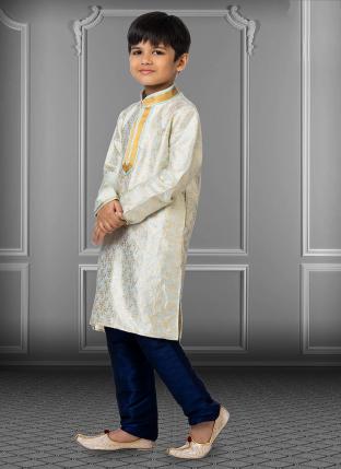 Sky Blue Linen Silk Festival Wear Weaving Kids Kurta Pajama