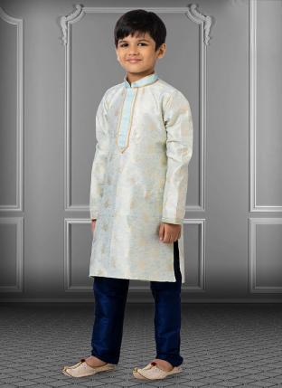 Sky Blue Linen Silk Festival Wear Weaving Kids Kurta Pajama