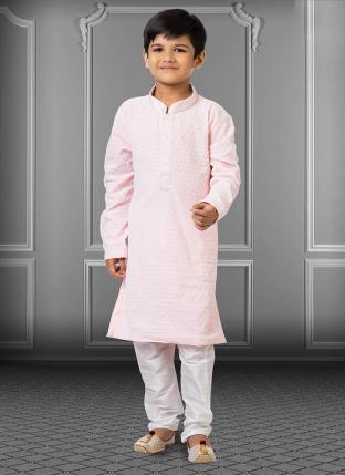 Light Pink Georgette Traditional Wear Embroidery Work Kids Kurta Pajama