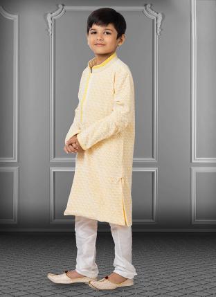 Light Yellow Georgette Traditional Wear Embroidery Work Kids Kurta Pajama