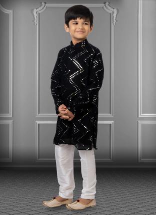 Black Georgette Traditional Wear Embroidery Work Kids Kurta Pajama