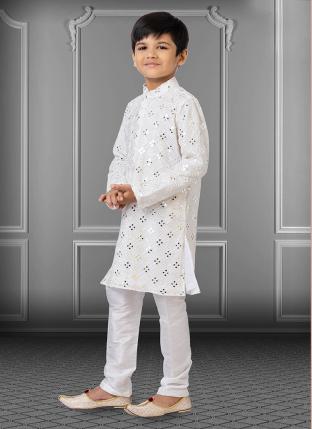 White Georgette Traditional Wear Embroidery Work Kids Kurta Pajama