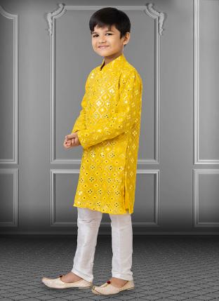 Yellow Georgette Traditional Wear Embroidery Work Kids Kurta Pajama