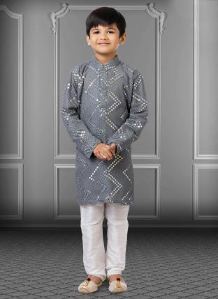Grey Georgette Traditional Wear Embroidery Work Kids Kurta Pajama