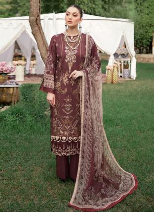 Brown Pure Cotton Traditional Wear Embroidery Work Pakistani Suit