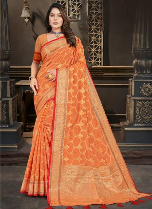 Orange Silk Traditional Wear Weaving Saree