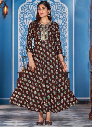 Brown Rayon Casual Wear Embroidery Work Gown