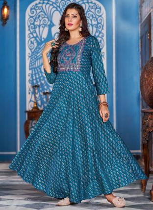Firozi Rayon Casual Wear Embroidery Work Gown