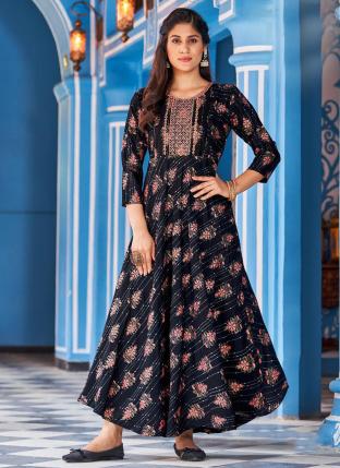 Navy blue Rayon Casual Wear Embroidery Work Gown