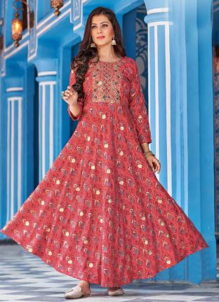 Pink Rayon Casual Wear Embroidery Work Gown