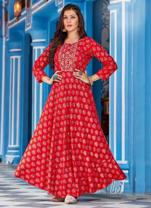 Red Rayon Casual Wear Embroidery Work Gown