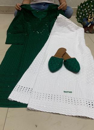 Bottle Green Pure Cotton Festival Wear Sequins Work Kurti With Sharara