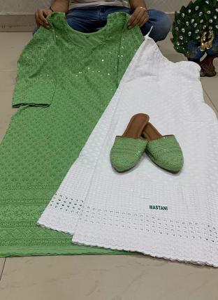 Light Green Pure Cotton Festival Wear Sequins Work Kurti With Sharara