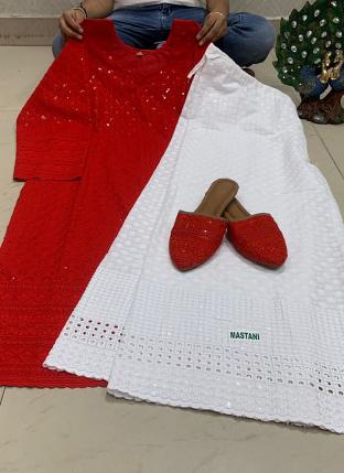 Red Pure Cotton Festival Wear Sequins Work Kurti With Sharara