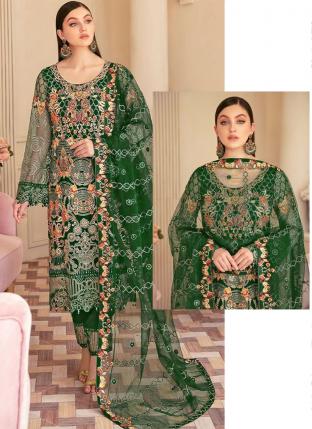 Green Faux Georgette Traditional Wear Embroidery Work Pakistani Suit