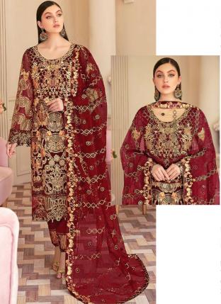 Maroon Faux Georgette Traditional Wear Embroidery Work Pakistani Suit