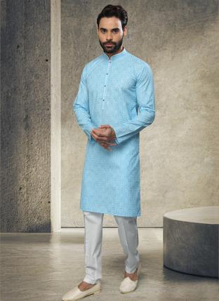 Blue Cotton Festival Wear Handloom Kurta Pajama