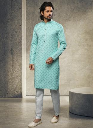 Firozi Green Cotton Festival Wear Handloom Kurta Pajama