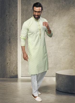 Pista green Cotton Festival Wear Handloom Kurta Pajama