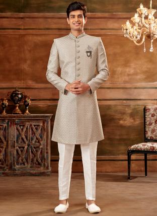 Light grey Fancy Wedding Wear Weaving Nawabi Indo Western