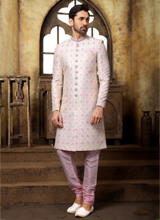 Off white pink Fancy Wedding Wear Weaving Nawabi Indo Western