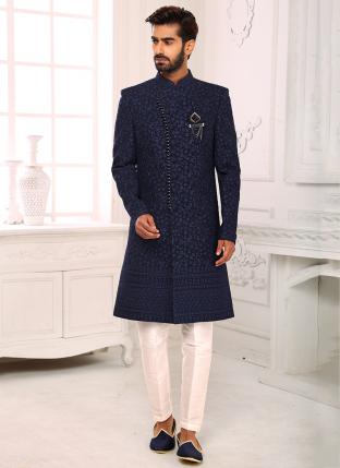 Navy blue Fancy Wedding Wear Weaving Nawabi Indo Western