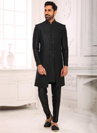 Black Fancy Wedding Wear Weaving Nawabi Indo Western