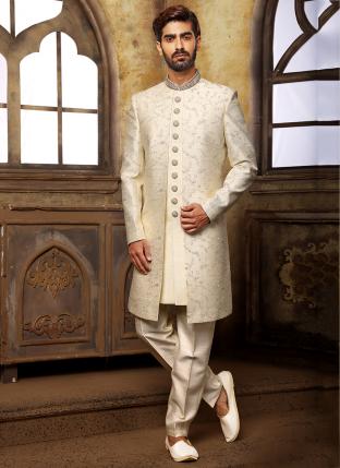 Cream Fancy Wedding Wear Weaving Nawabi Indo Western