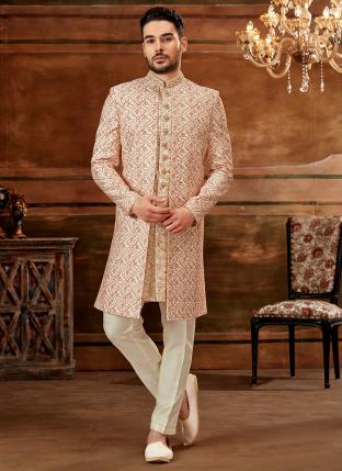 Cream maroon Fancy Wedding Wear Weaving Nawabi Indo Western