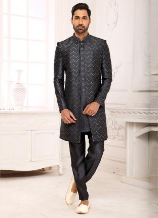 Dark grey Fancy Wedding Wear Weaving Nawabi Indo Western