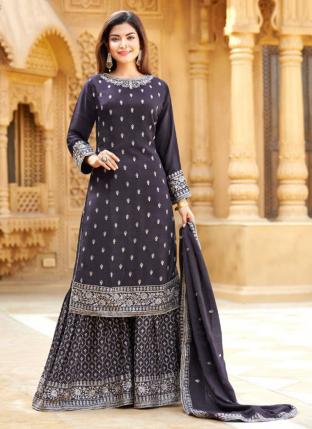 Grey Chinnon Festival Wear Embroidery Work Sharara Suit