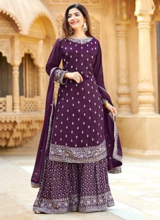 Wine Chinnon Festival Wear Embroidery Work Sharara Suit
