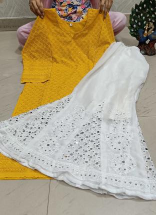 Yellow Cambric Cotton Traditional Wear Sequins Work Kurti With Sharara
