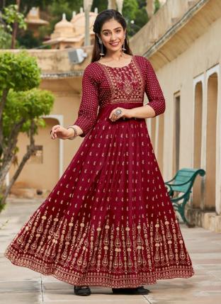 Maroon Rayon Casual Wear Foil Printed Gown