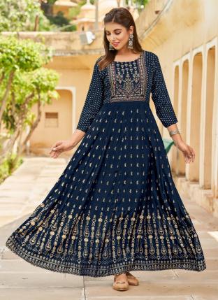 Navy blue Rayon Casual Wear Foil Printed Gown