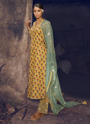 Yellow Pure Jam Satin Festival Wear Printed Salwar Suit