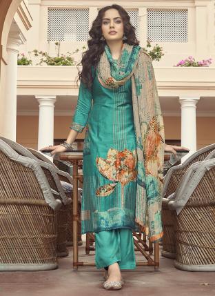 Firozi Viscose Silk Diwali Wear Hand Work Salwar Suit