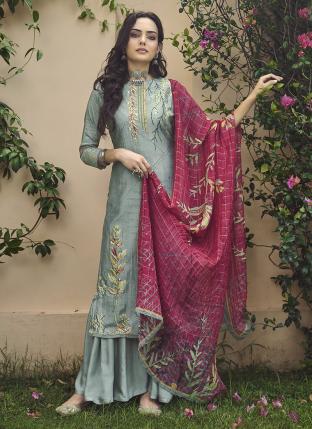 Grey Viscose Silk Diwali Wear Hand Work Salwar Suit