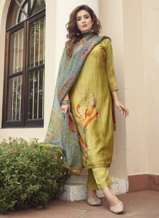 Olive Green Viscose Silk Diwali Wear Hand Work Salwar Suit