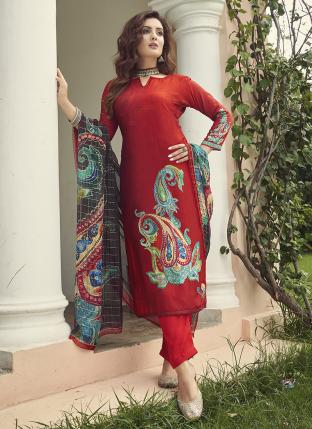 Red Viscose Silk Diwali Wear Hand Work Salwar Suit
