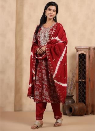 Red Fancy Diwali Wear Hand Work Readymade Salwar Suit