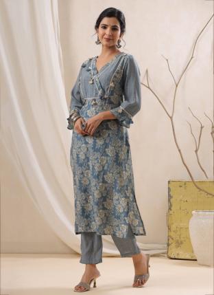 Grey Fancy Traditional Wear Hand Work Kurti With Pant