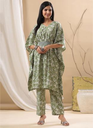Green Fancy Party Wear Printed Kaftan With Pant